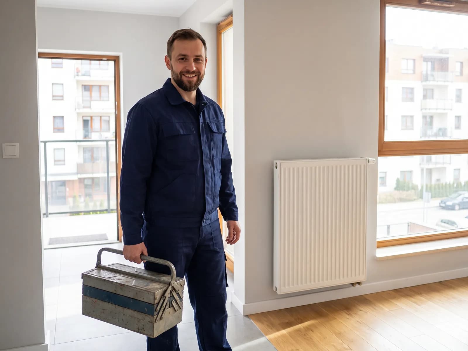 Takım çantasıyla bir apartman dairesinin girişinde bekleyen teknik servis personeli